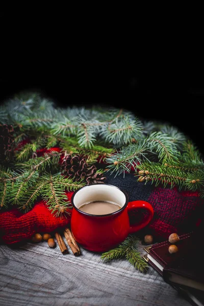 Hot Coffee Cup Wrapped Cozy Blanket Wooden Table — Stock Photo, Image