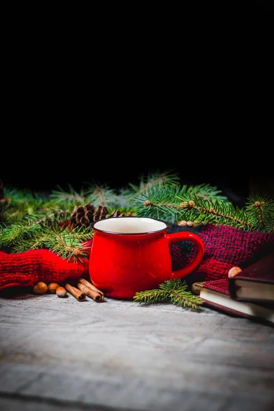 Hot Coffee Cup Wrapped Cozy Blanket Wooden Table — Stock Photo, Image