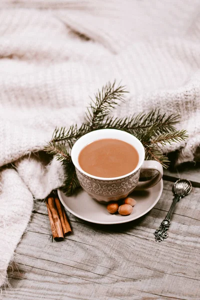 Hot Coffee Cup Wrapped Cozy Blanket Wooden Table — Stock Photo, Image