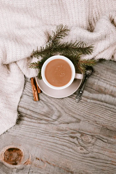 Hot Coffee Cup Wrapped Cozy Blanket Wooden Table — Stock Photo, Image