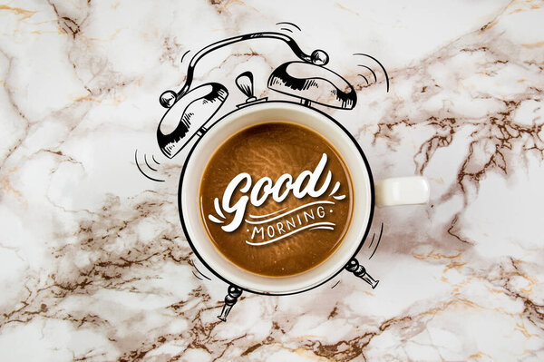 Coffee in a white mug on a marble background with Good Morning text and clock graphic 