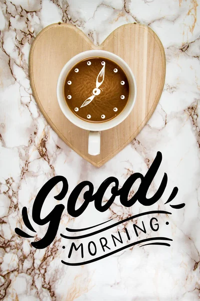 Coffee White Mug Marble Background Good Morning Text Clock Graphic — Stock Photo, Image