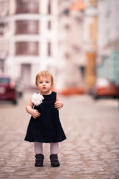 Eine kleine Dame steht auf der Straße — Stockfoto