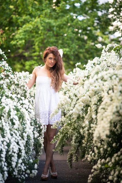 Jovem encantadora fica de comprimento total no jardim da primavera cheio de flores brancas — Fotografia de Stock