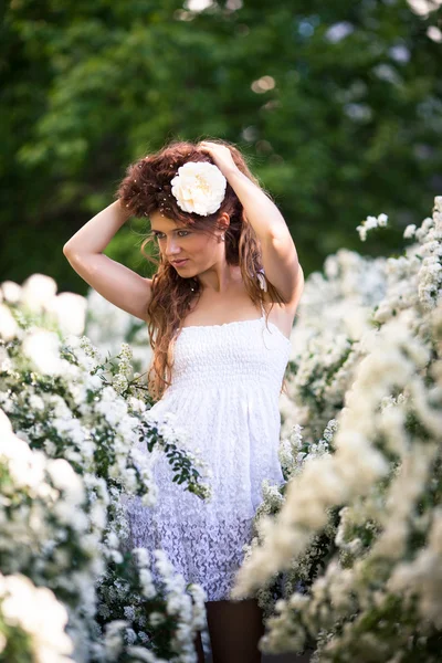 Encantadora joven levanta hel largo pelo rizado oscuro en el jardín de primavera lleno de flores blancas —  Fotos de Stock