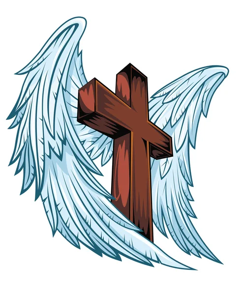 Alas de ángel con cruz de madera — Vector de stock