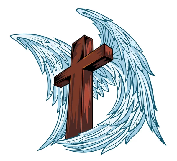 Alas de ángel con cruz de madera — Vector de stock