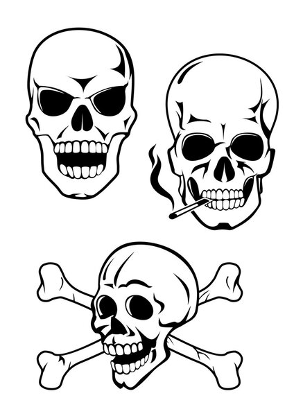Human scary skulls with bones and cigarette