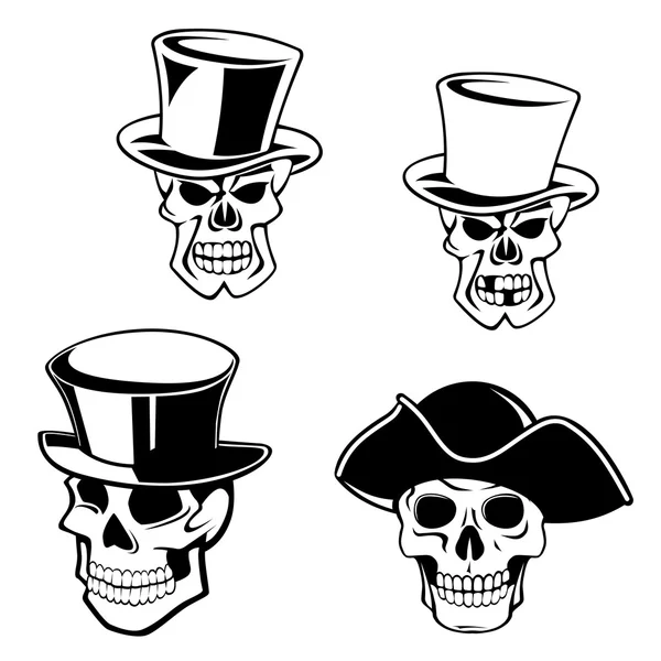 Calaveras en sombreros de copa y sombrero pirata — Archivo Imágenes Vectoriales