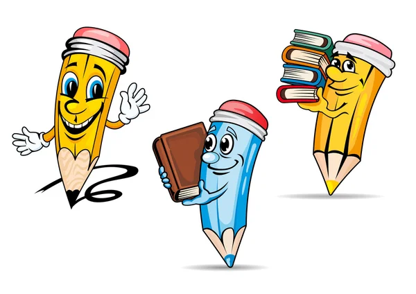 Pencils with books cartoon characters — Stock Vector