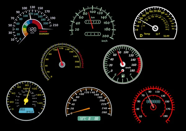 Velocímetros brillantes aislados sobre fondo negro — Vector de stock