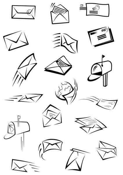 Postal icons with letters, envelopes, postboxes — Stock Vector