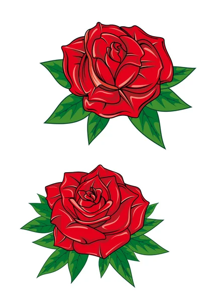 Rosas rojas florecientes de dibujos animados con hojas — Vector de stock