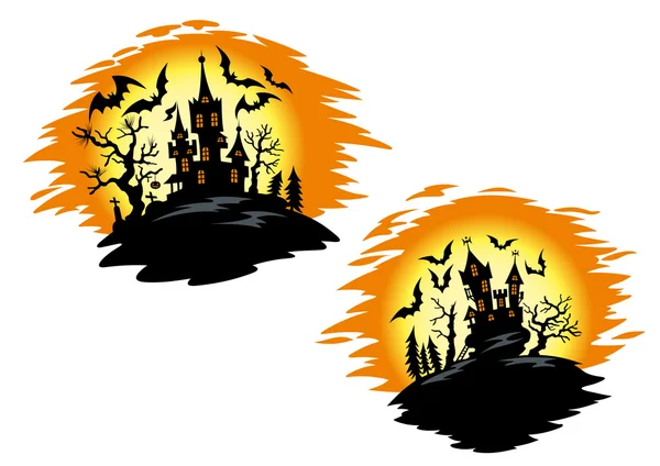 Castelos com morcegos no modelo de convite de Halloween —  Vetores de Stock