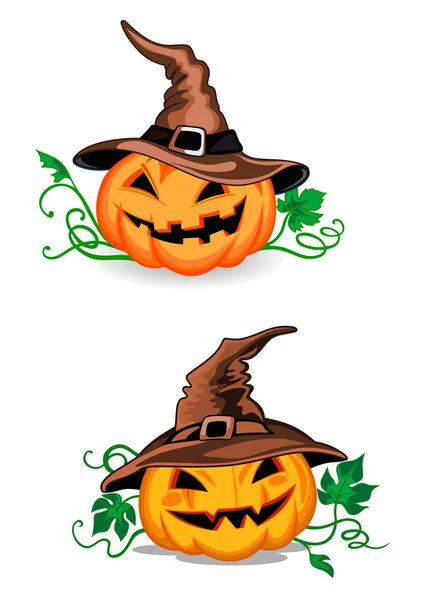 Linternas de calabaza de dibujos animados en sombreros de bruja — Vector de stock