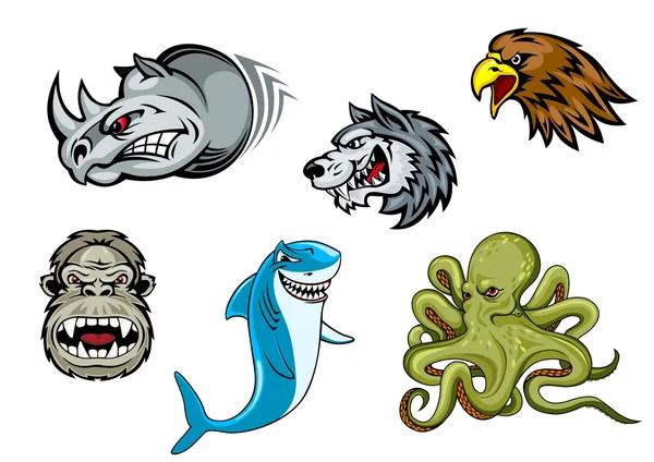 Cartoon eagle, wolf, haai, gorilla, rhino en octopus — Stockvector