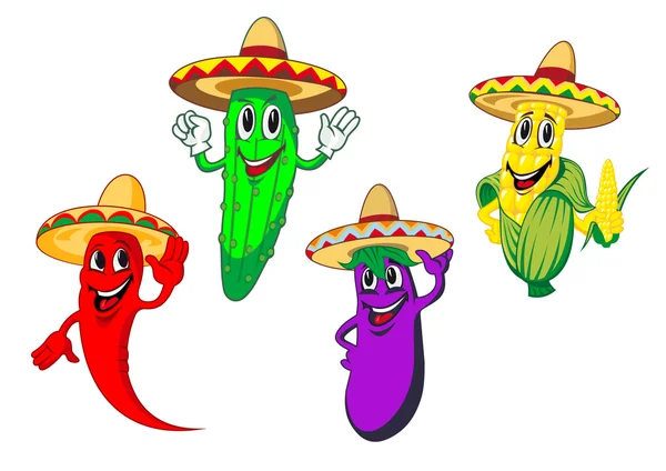 Vegetables in mexican sombreros cartoon characters — Stock Vector