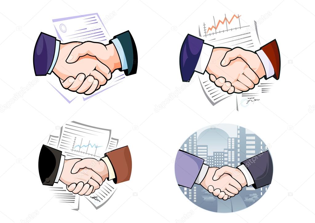 Business handshakes against night cityscape and working papers with line graphs and signatures for partnership or agreement concept design