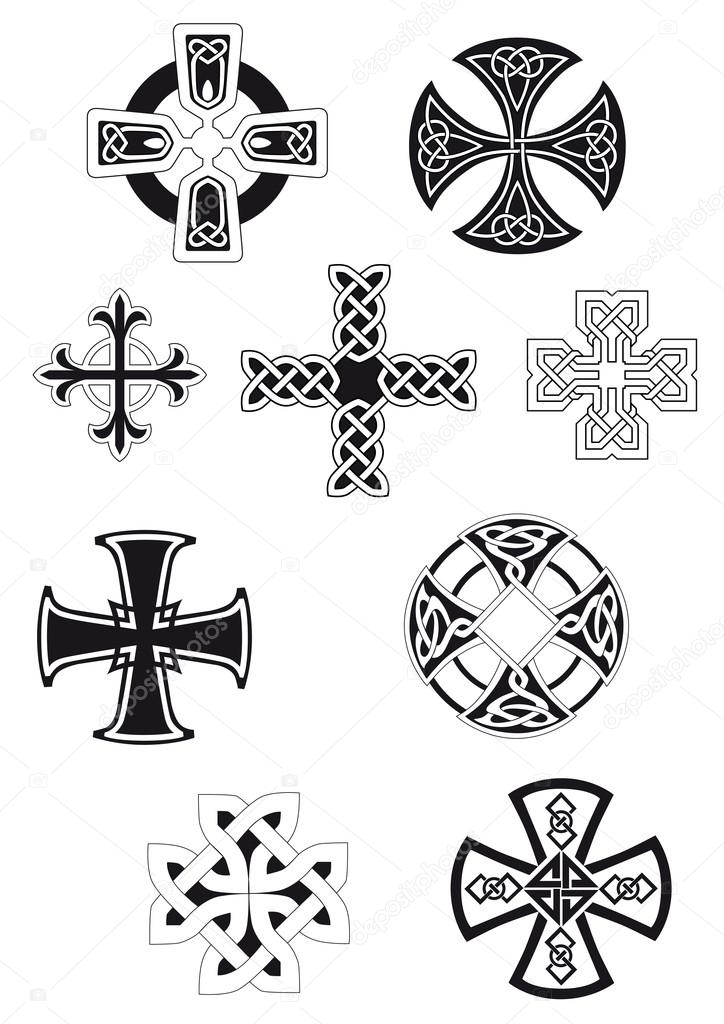 Celtic crosses with traditional ethnic knot ornament isolated on white background for religious or ethnic decoration design