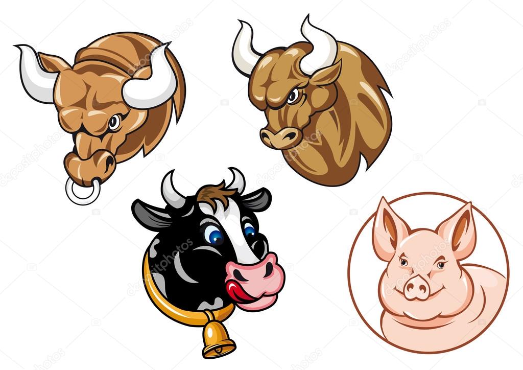 Cartoon heads of bulls, cow and pig