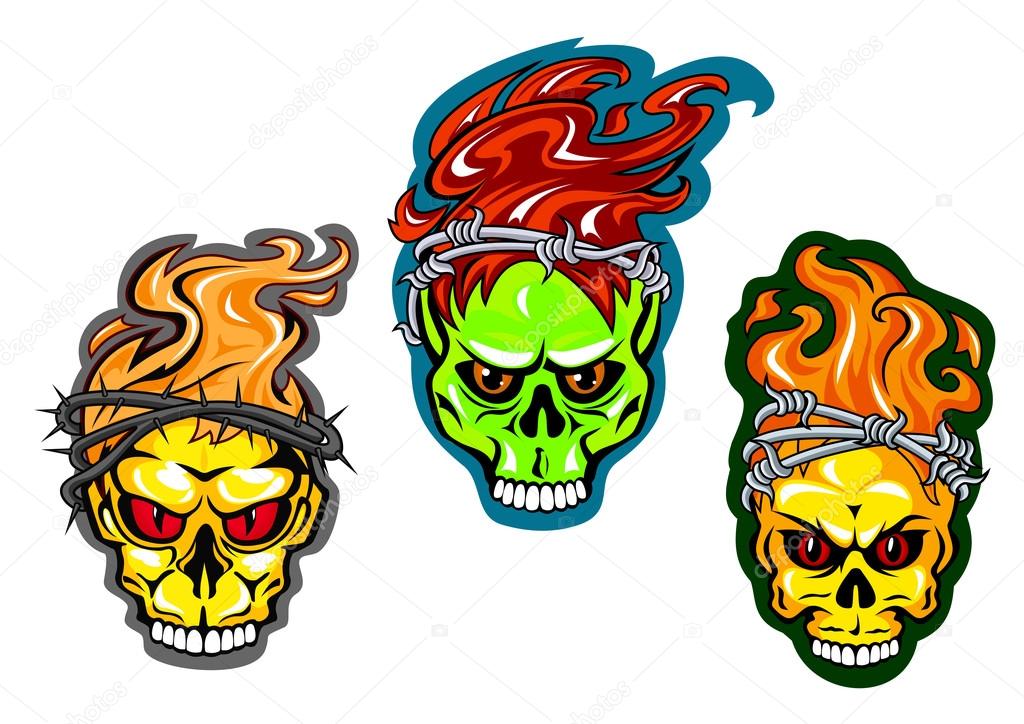 Human skulls with fire and wreaths