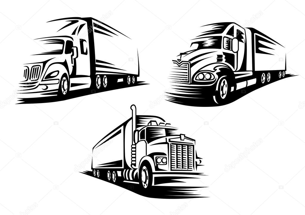 Commercial delivery cargo trucks silhouettes isolated on white background suitable for logo or emblem template