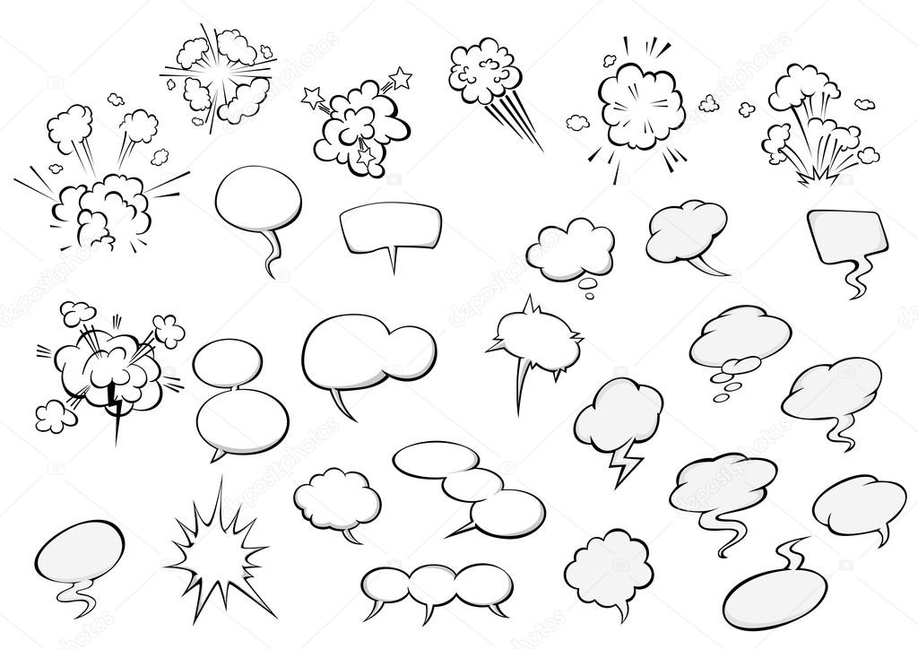Cartoon speech bubbles and explosion clouds
