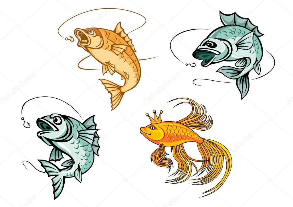 Cartoon fishes catching hooks and bright goldfish in crown with wavy lush tail and fins suited for luck concept or fishing emblem design