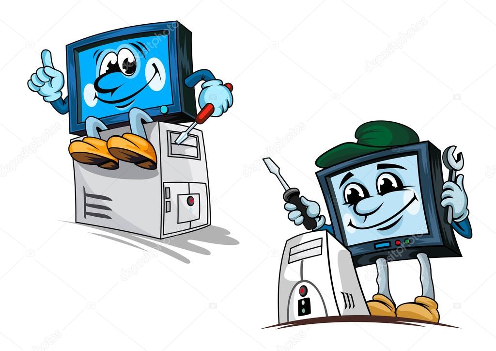 Smiling computer repairman cartoon characters in cap with wrench and screwdriver fixing processor for technical support or repair service design