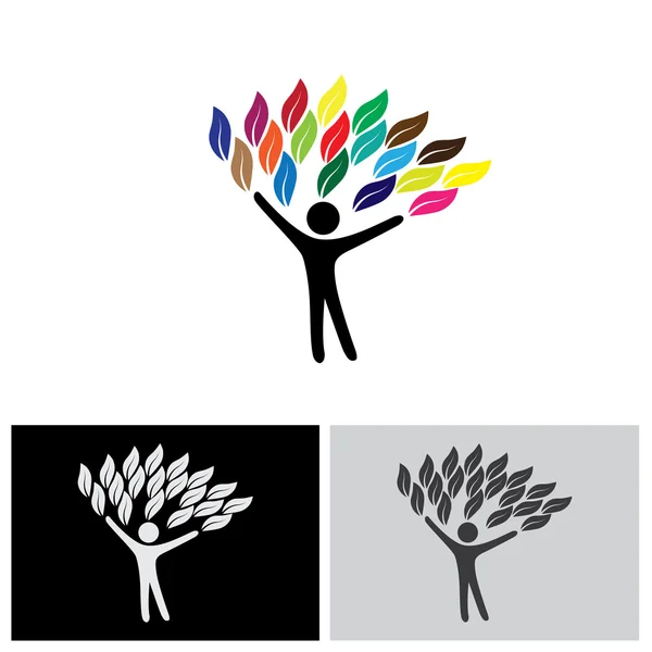 Pessoas árvore logotipo com folhas coloridas, vetor conceito eco —  Vetores de Stock