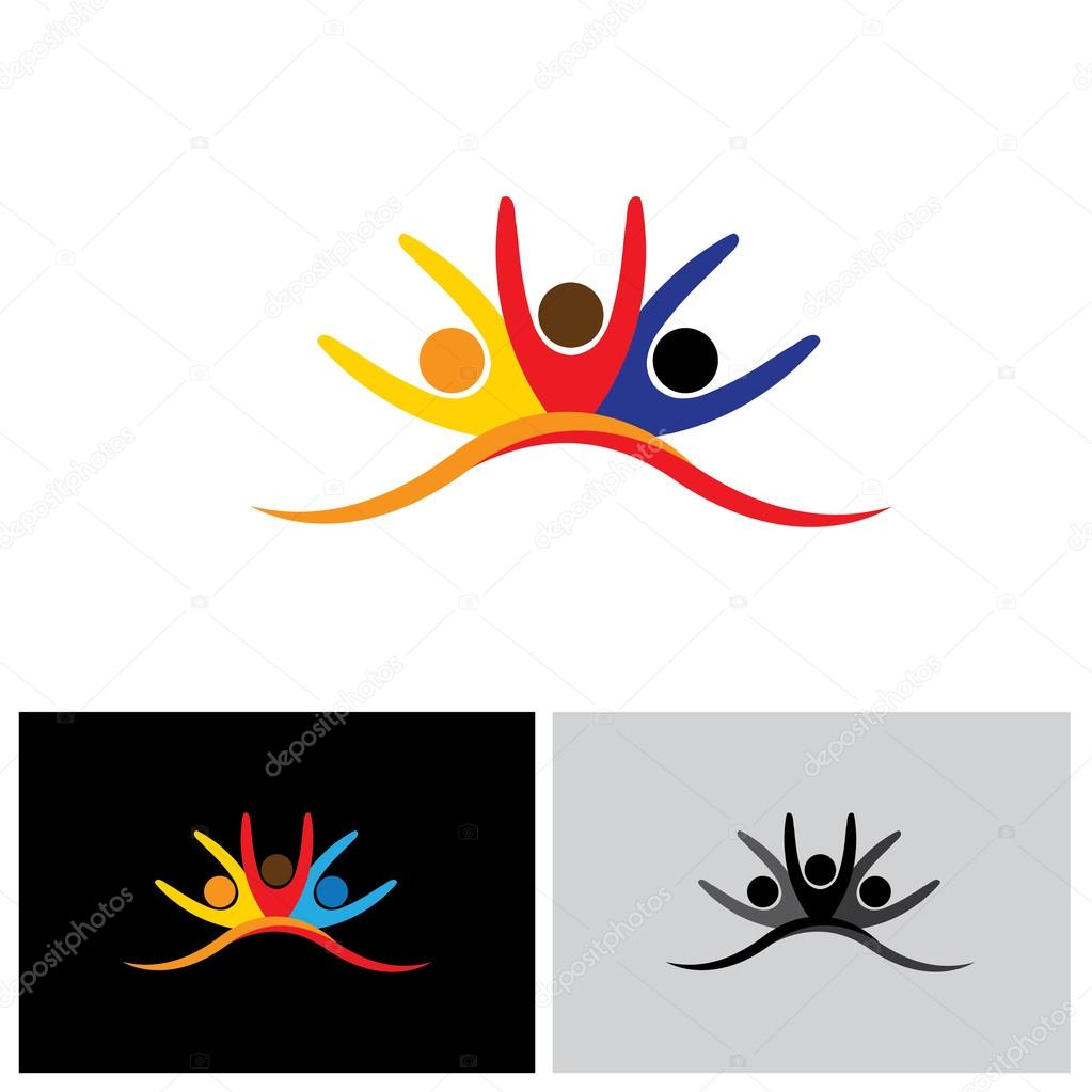 Concept vector icon of happy friends together. This vector graphic also represents excited kids, motivated staff, inspired office people, happy children playing, friends partying frenzy