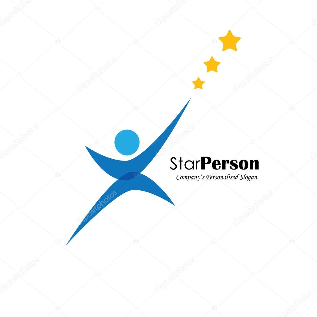 Vector logo icon of person aiming for stars. also represents aiming high, reaching stars, winning performance, trying hard, success