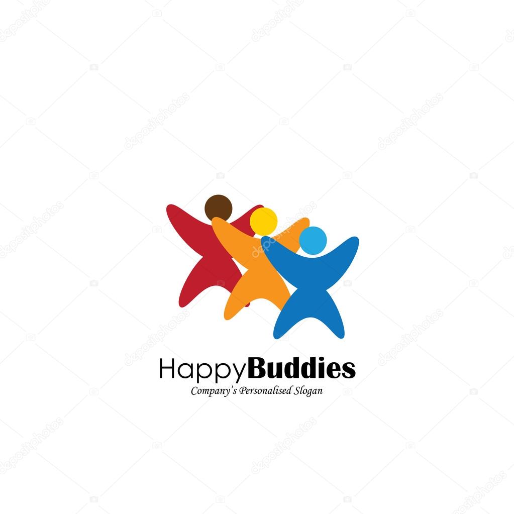 Concept vector icon of happy friends together. This vector graphic also represents excited kids, motivated staff, inspired office people, happy children playing, friends partying frenzy