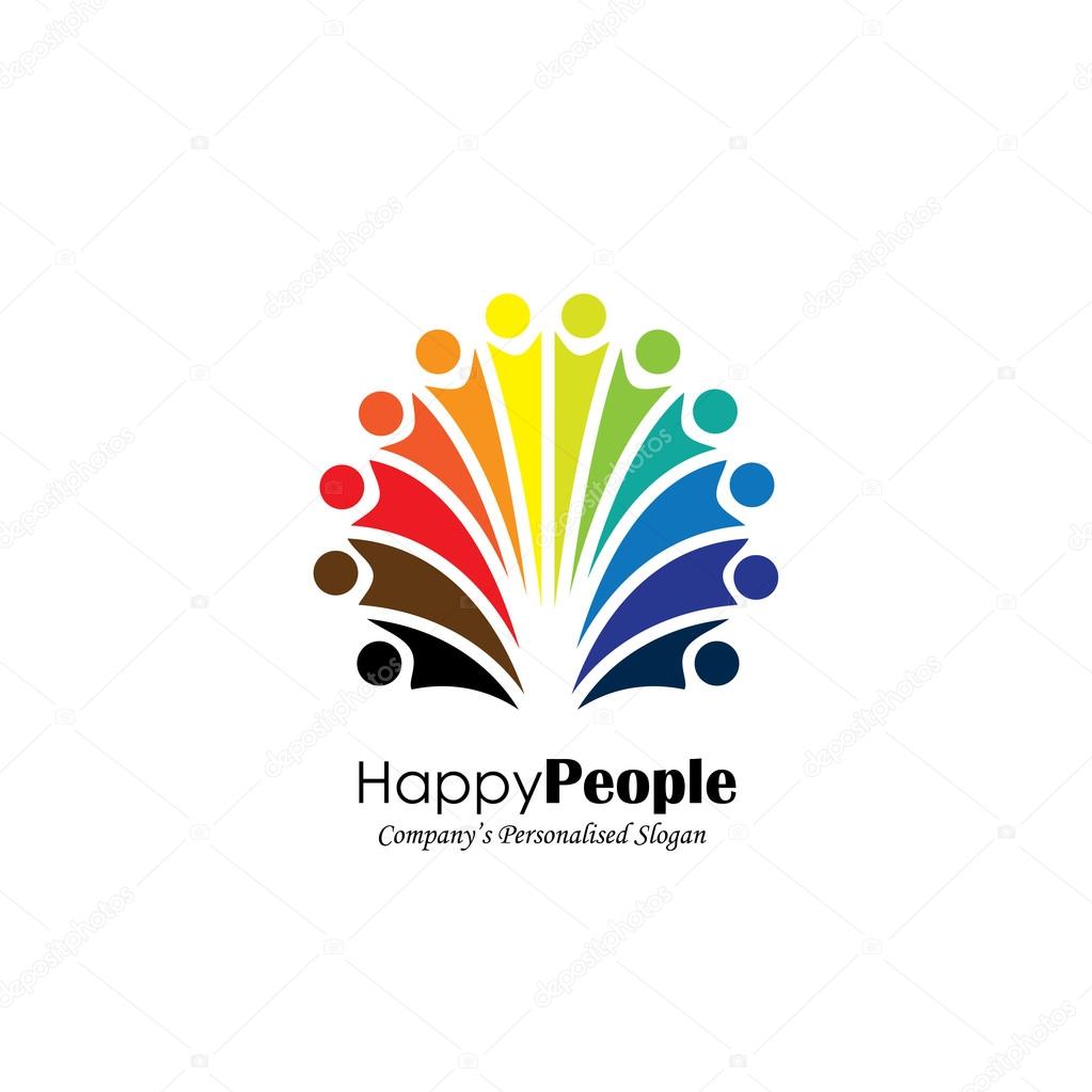 Lively happy excited people friends logo concept vector icon. this icon also represents friendship, partnership cooperation, unity, excitement, happiness, children playing, fun & frolic, entertainment