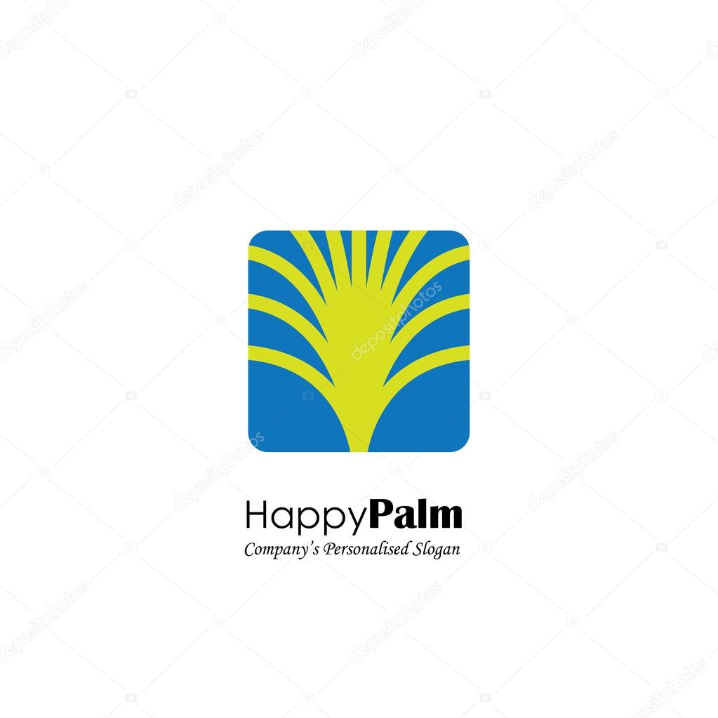 Vector logo icon of palm tree on blue background. also represents exotic travel logo, tourism symbol, resort logo, spa retreat logo, etc