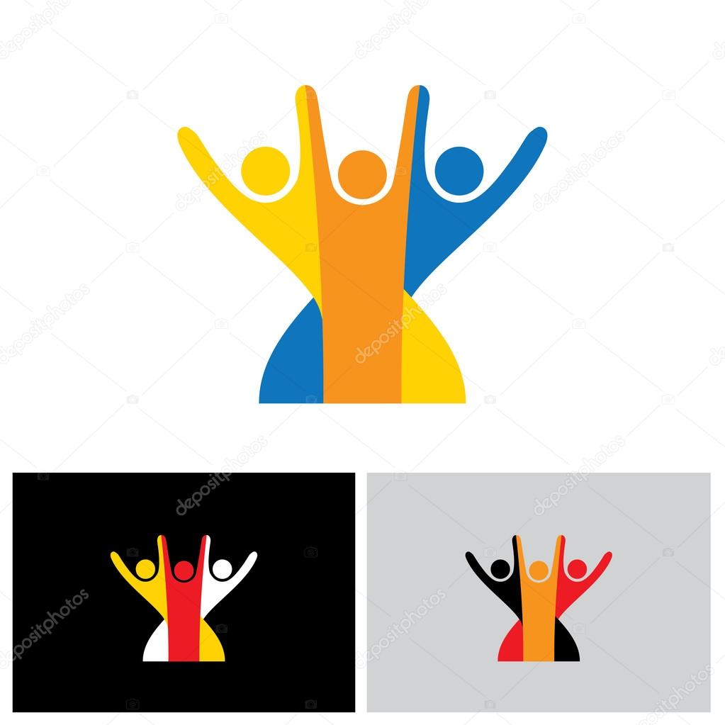 Concept vector icon of happy friends together. This vector graphic also represents excited kids, motivated staff, inspired office people, happy children playing, friends partying frenzy