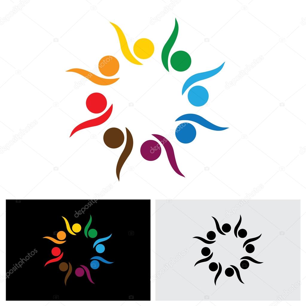 Enthusiastic, excited children or kids playing - concept vector logo icon. This illustration also represents concepts like teamwork, team spirit, cooperation, alliance, bonding, engagement,interaction