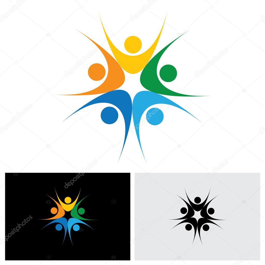 Concept of close group of people as a happy lively community - vector logo icon. This also represents excited people, people dancing, school children or kids playing, colorful employees in circle