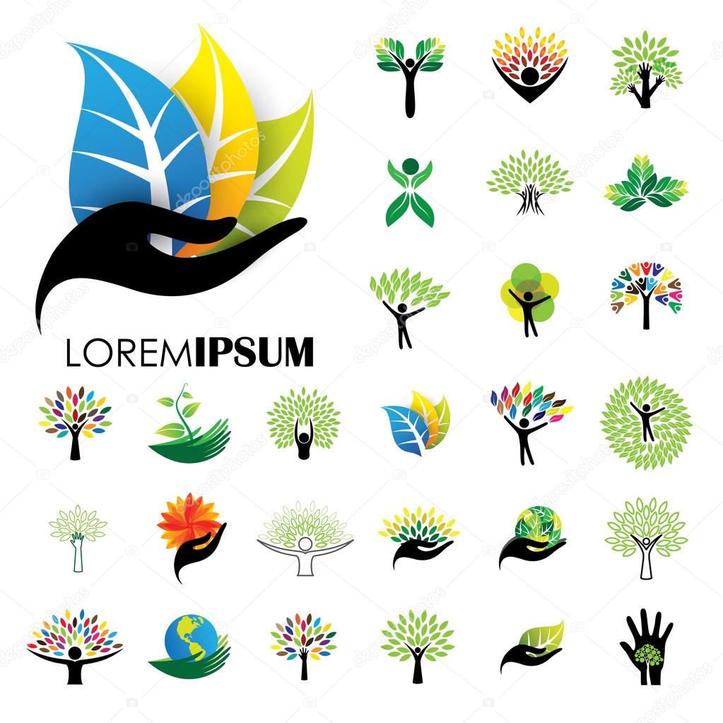 Human life logo icons of abstract people tree vectors. this design also represents eco friendly green, embracing, hug, friendly, education, learning, green tech, growth, peace, balance