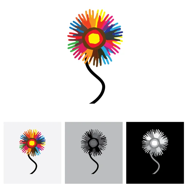 Colorful hand & palm imprints of people as flower - vector graph Stock Vector