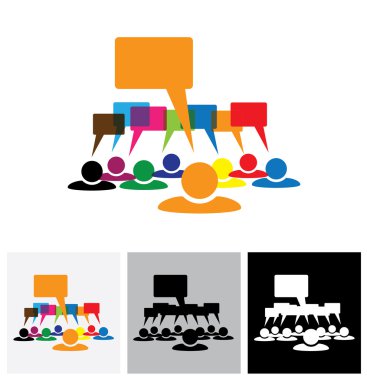 Concept vector graphic - leader & workers talking ( speech bubbl