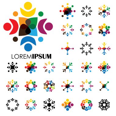 renkli, soyut insanlar birlikte grafik - vektör logo kümesi