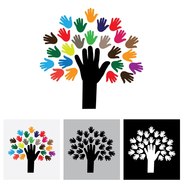 Human hand & tree icon with colorful palms - concept vector icon — Stock Vector