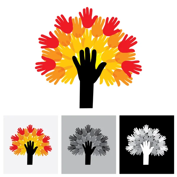 Human hand & tree icon with colorful palms - concept vector icon — Stock Vector