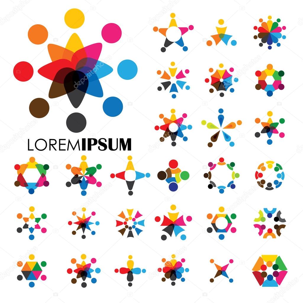 Vector logo icons of people together - sign of unity, partnership. this also represents community, engagement & interaction, teamwork & team, children playing, kids fun, employees & staff, office, etc