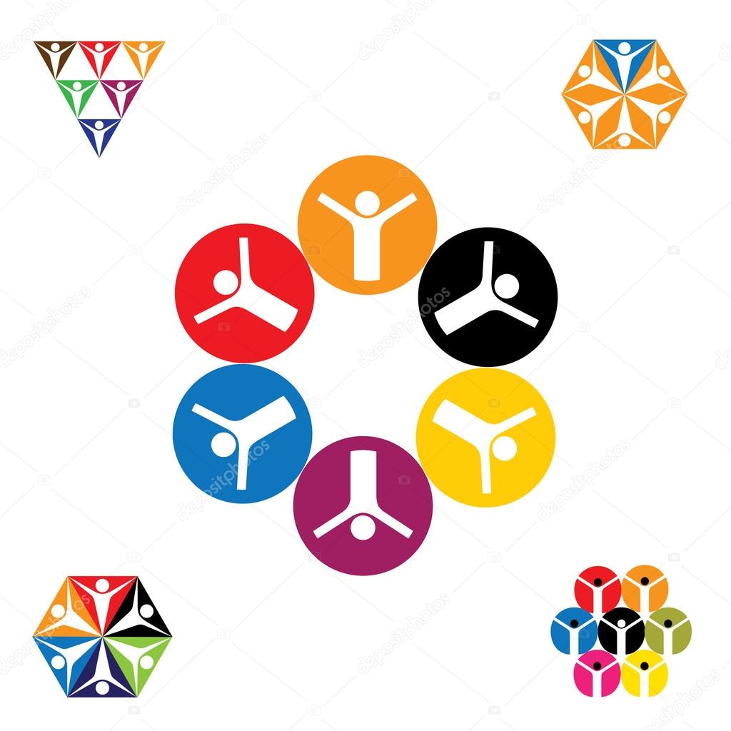 Vector logo icon designs of people, children, friendship. this represents concepts like friends together, fun time, physical fitness & exercise, yoga & aerobics, team & teamwork, partnerships