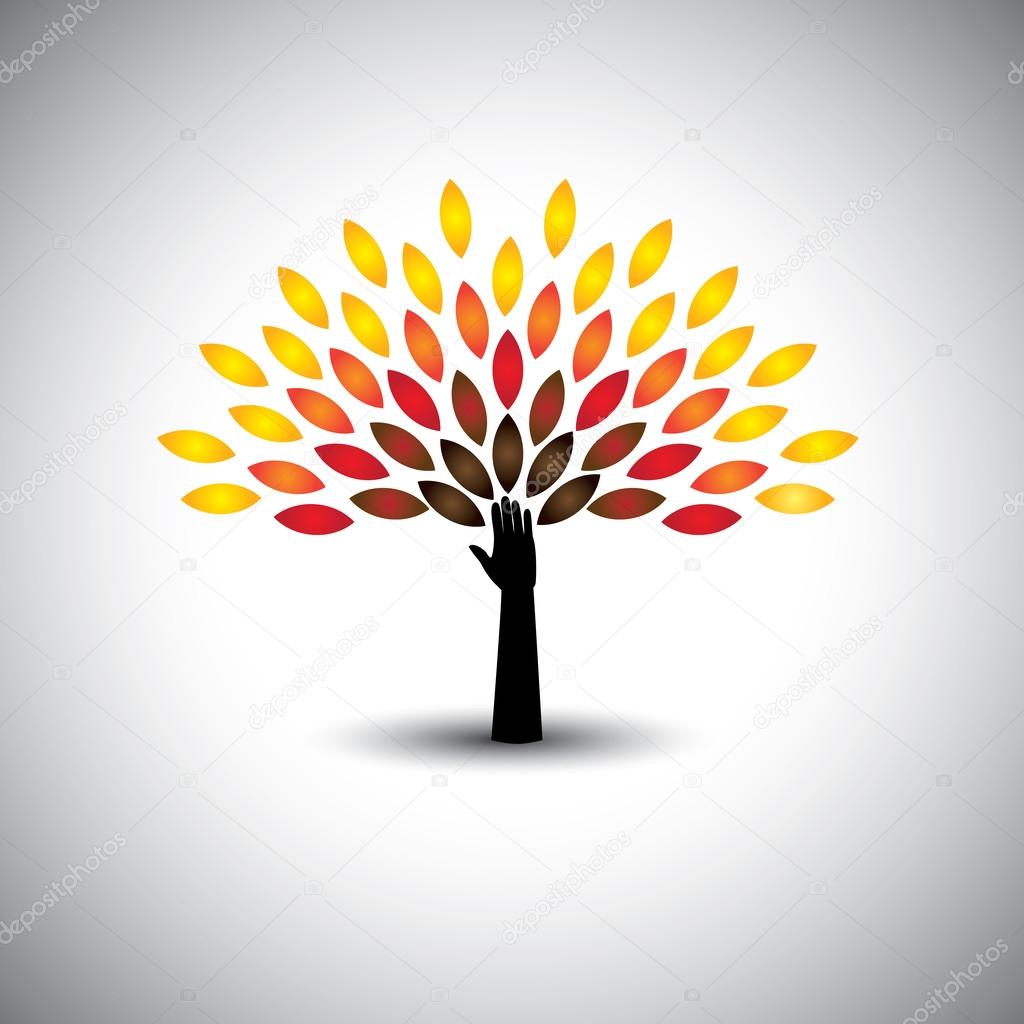 Colorful tree of life & hand - eco lifestyle concept vector. This graphic icons also represents harmony, nature conservation, sustainable development, natural balance, development, healthy growth