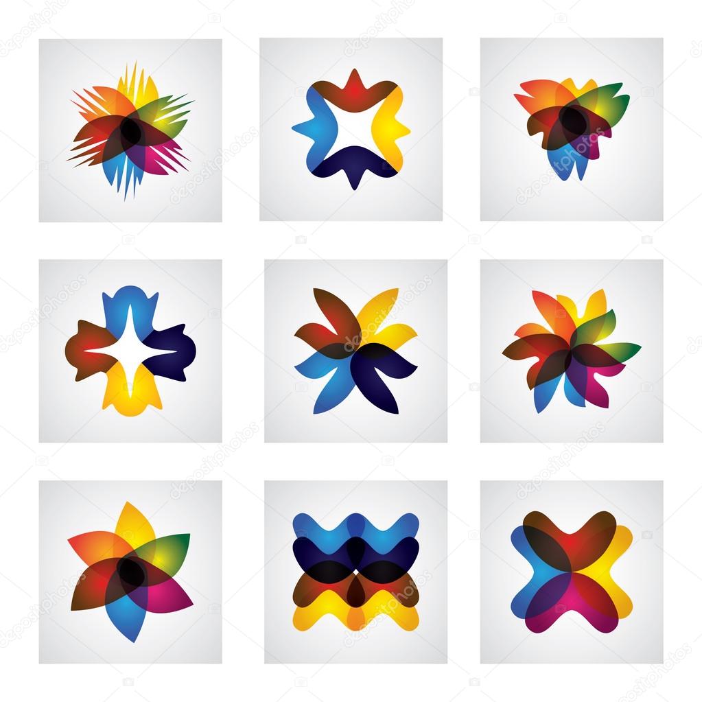 Abstract floral or flower element design vector icons. This graphic shows beautiful flowers & petals in different colors like yellow, orange, red, blue, pink, etc