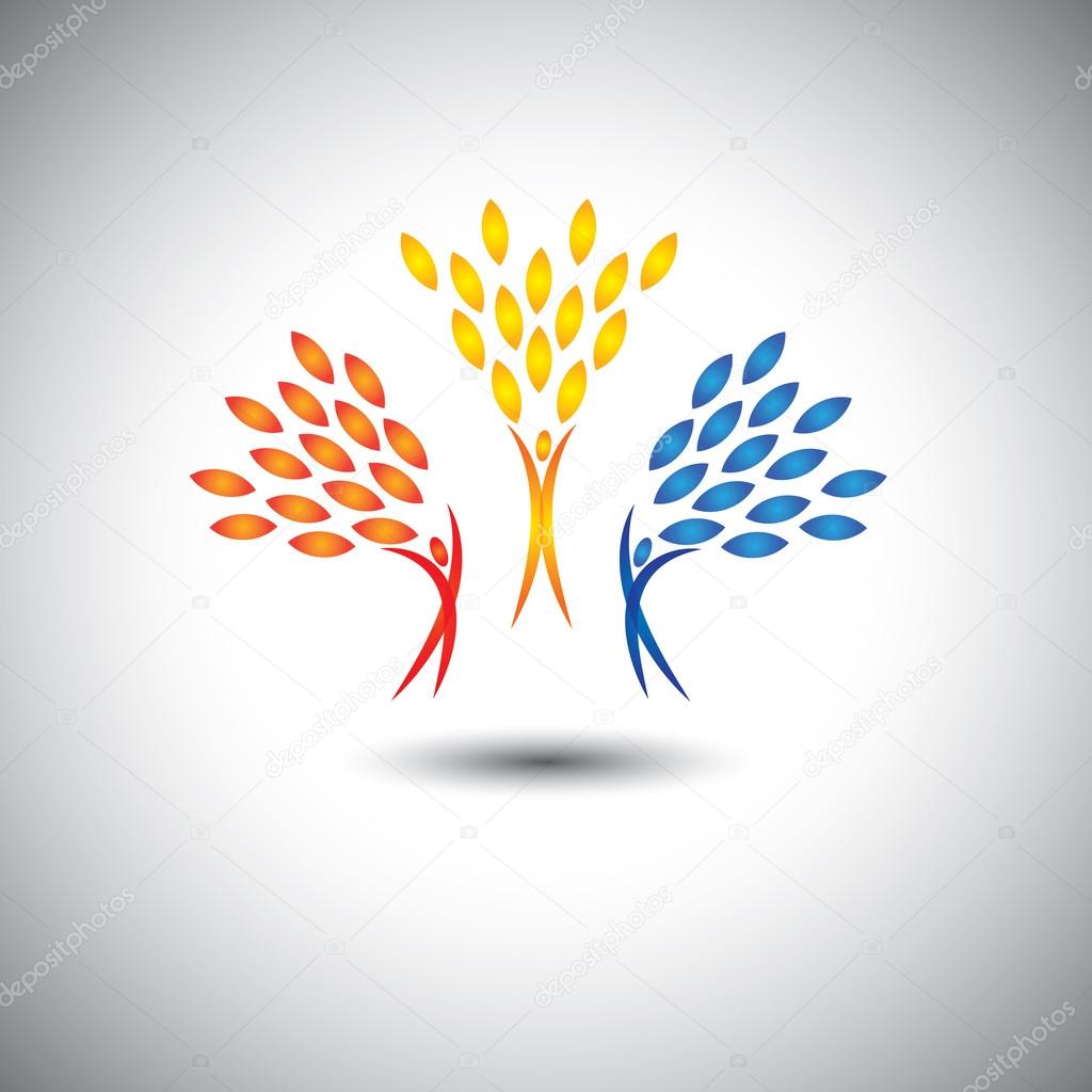 Excited, motivated people as trees of life - eco concept vector. This graphic icons also represents harmony, joy, happiness, friendship, education, peace, development, healthy growth, sustainability