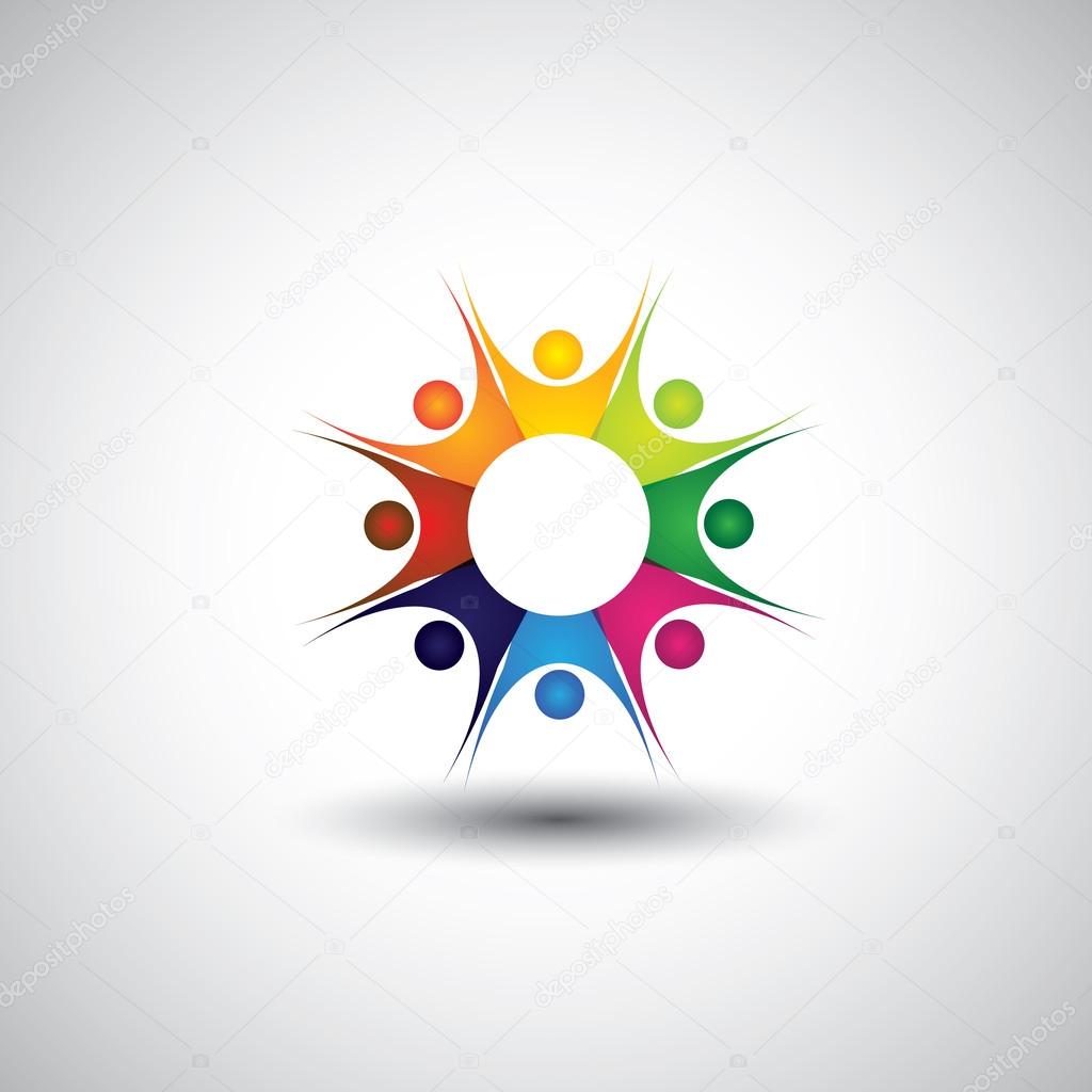 Enthusiastic, excited children or kids playing - concept vector graphic. This illustration also represents concepts like teamwork, team spirit, cooperation, alliance, bonding, engagement, interaction